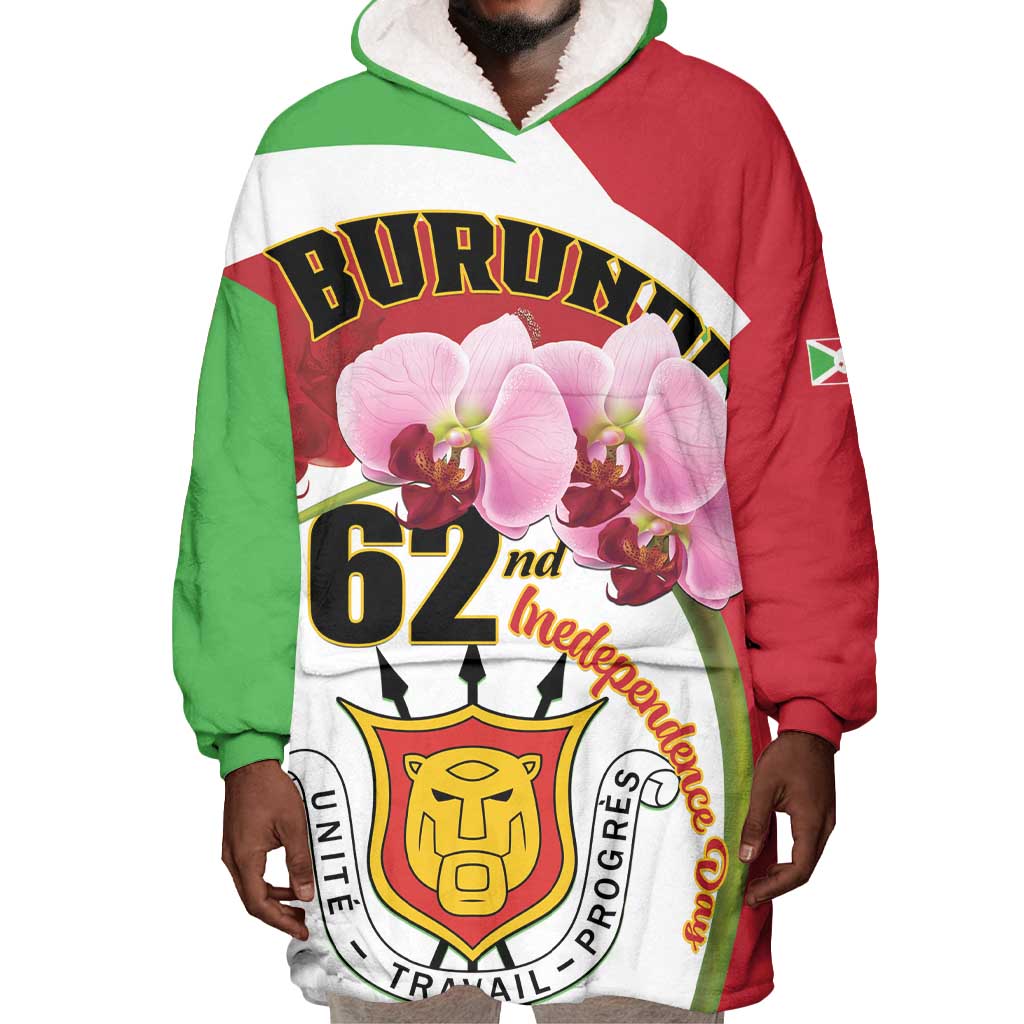Personalized Burundi Independence Day Wearable Blanket Hoodie Coat Of Arms Bujumbura Flower LT01