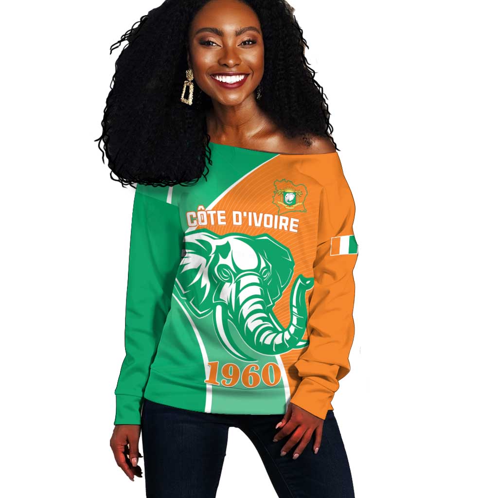 Ivory Coast Independence Day Off Shoulder Sweater Cote d Ivoire Elephant LT01