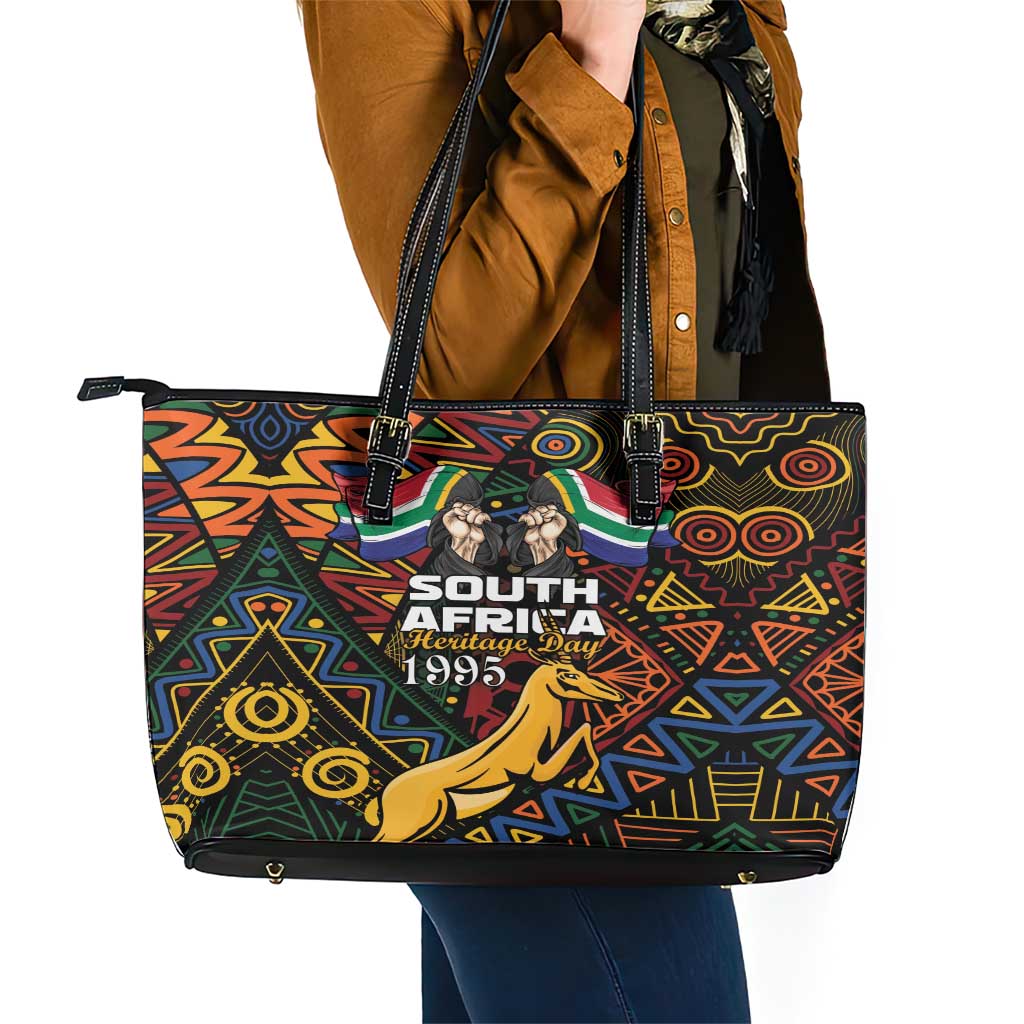 South African Heritage Day Leather Tote Bag Springbok African Pattern LT01