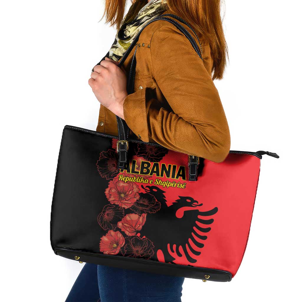 Albania Eagle Leather Tote Bag Red Poppy Flowers LT01