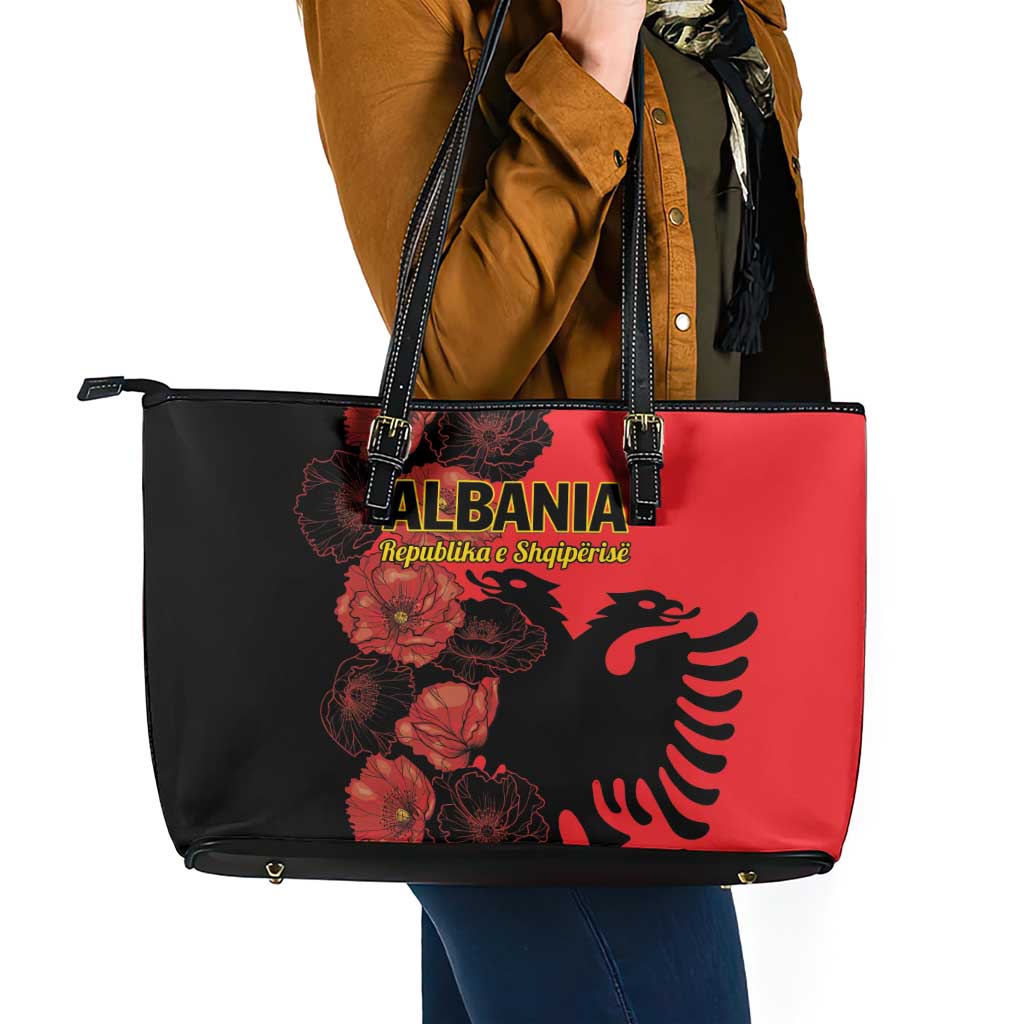Albania Eagle Leather Tote Bag Red Poppy Flowers LT01