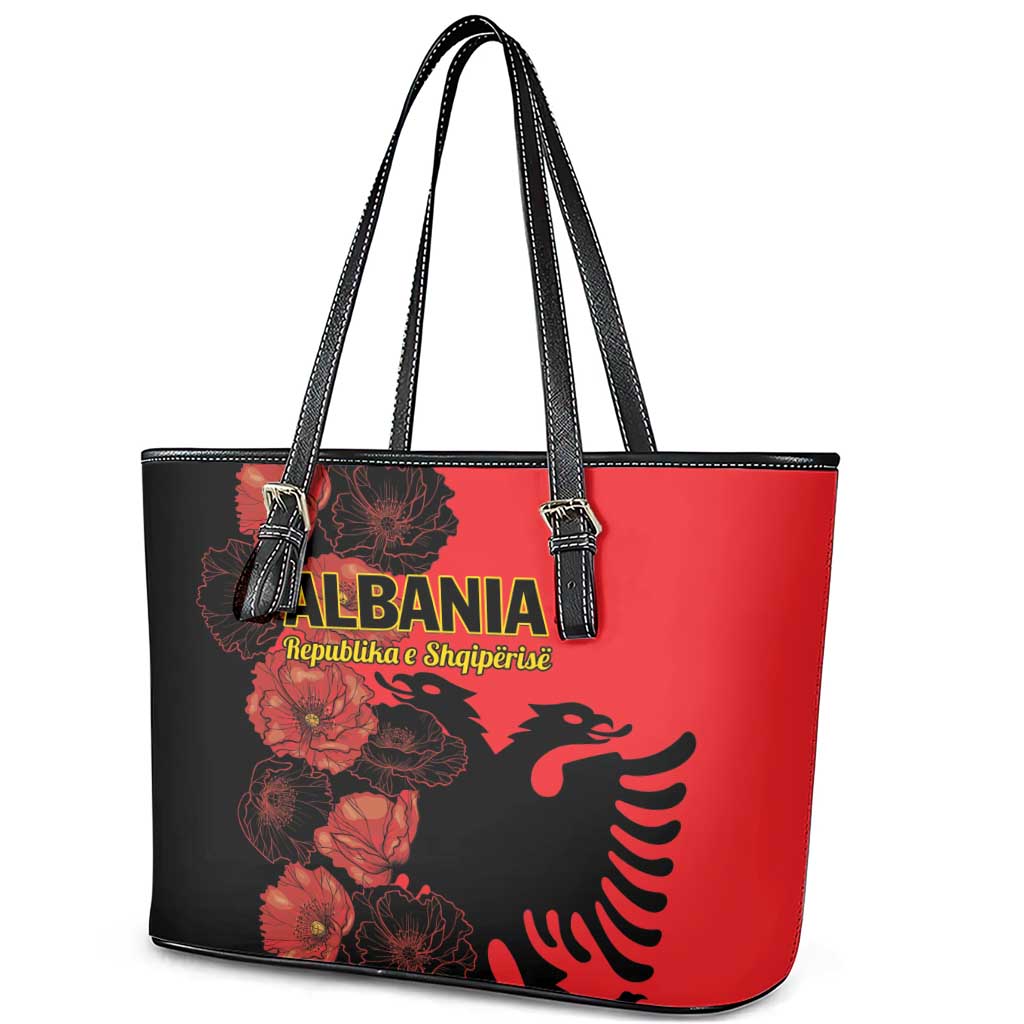 Albania Eagle Leather Tote Bag Red Poppy Flowers LT01
