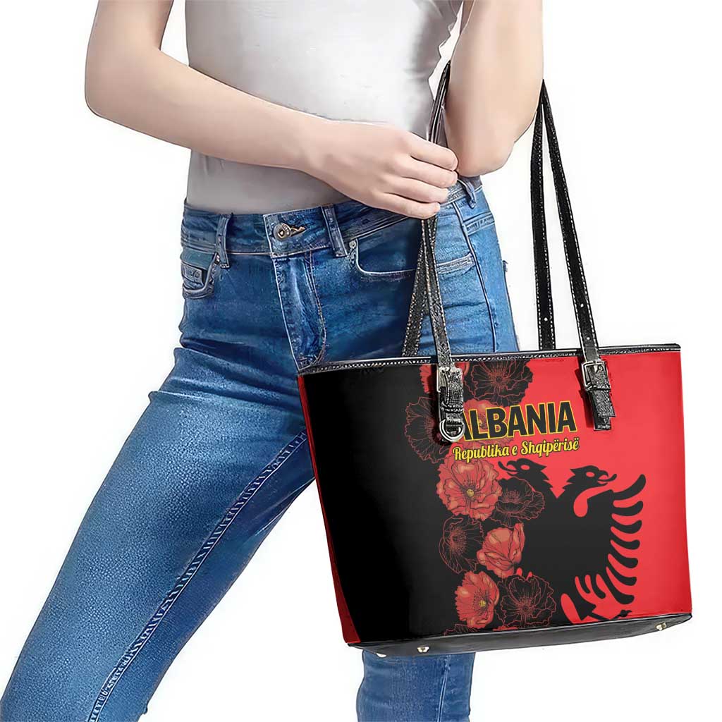 Albania Eagle Leather Tote Bag Red Poppy Flowers LT01