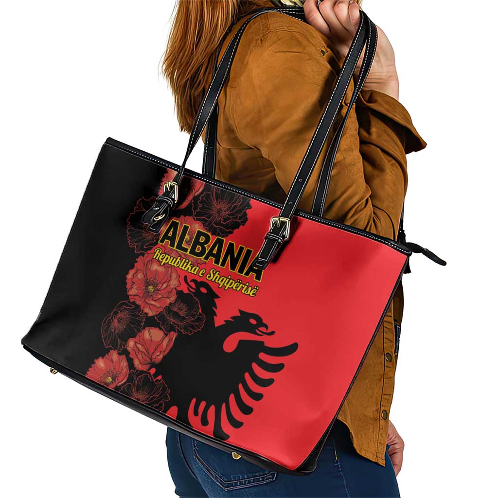 Albania Eagle Leather Tote Bag Red Poppy Flowers LT01