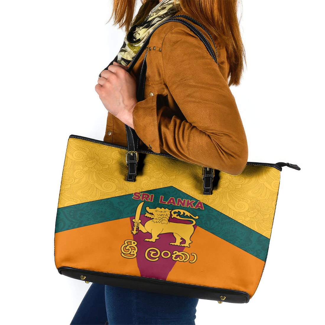 Sri Lanka Independence Day Leather Tote Bag Golden Lion Sinha Flag Style LT01