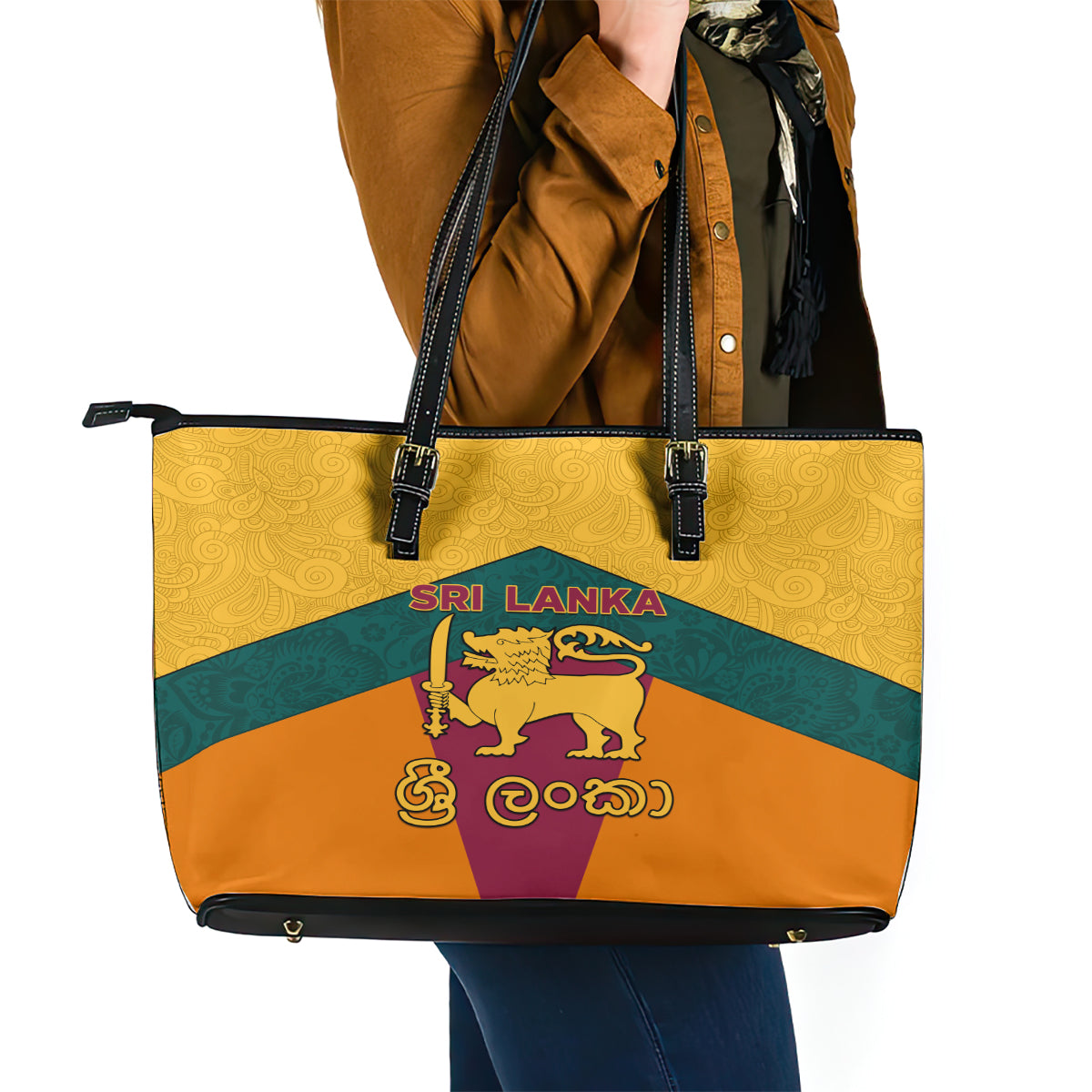 Sri Lanka Independence Day Leather Tote Bag Golden Lion Sinha Flag Style LT01