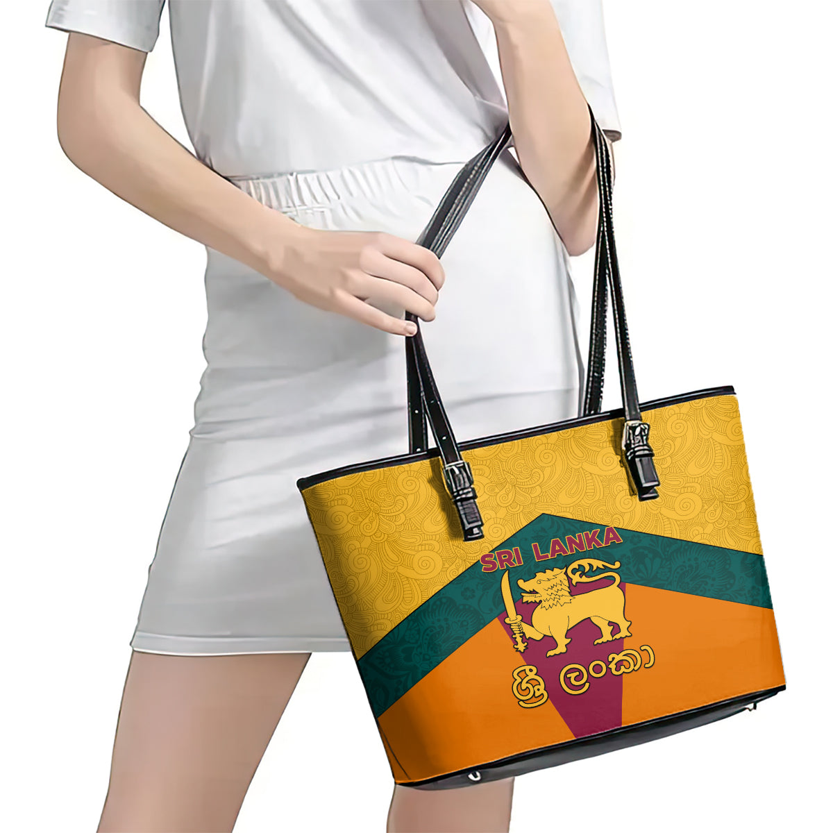 Sri Lanka Independence Day Leather Tote Bag Golden Lion Sinha Flag Style LT01