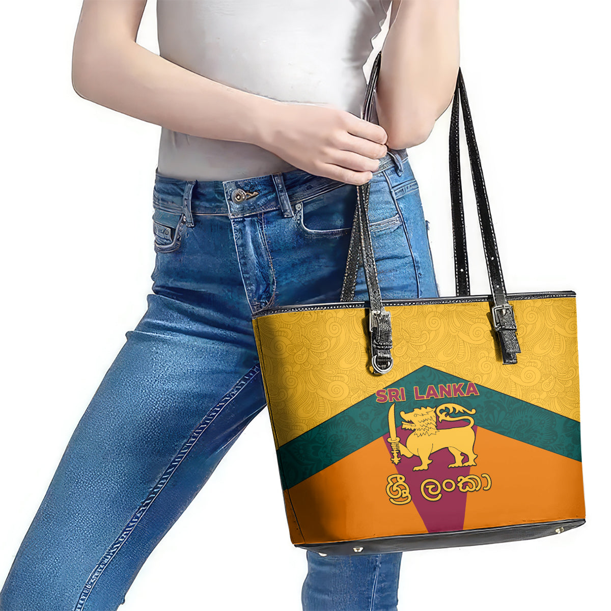 Sri Lanka Independence Day Leather Tote Bag Golden Lion Sinha Flag Style LT01