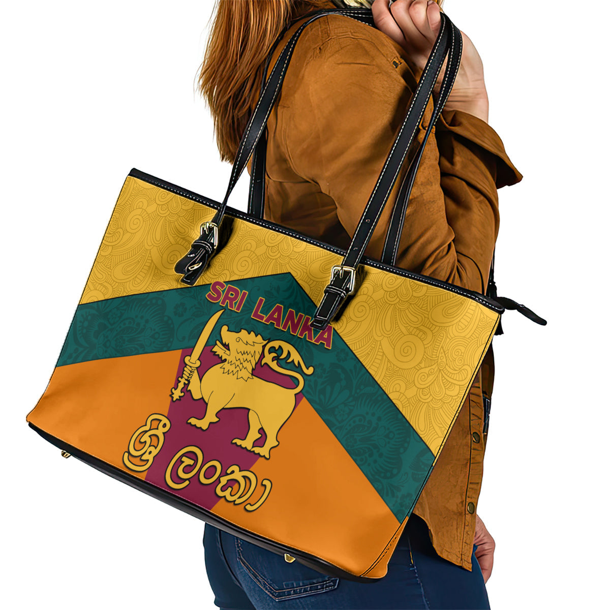 Sri Lanka Independence Day Leather Tote Bag Golden Lion Sinha Flag Style LT01
