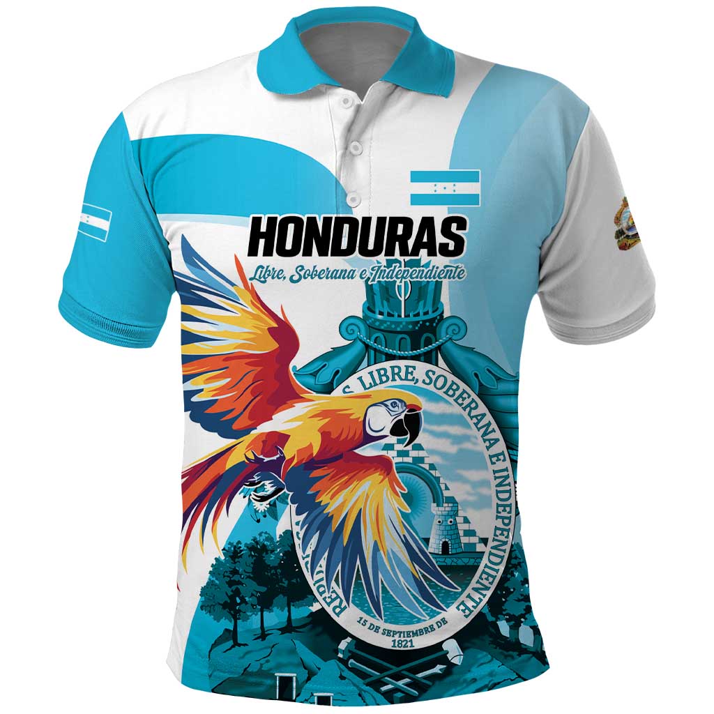 Personalized Honduras 1821 Polo Shirt Scarlet Macaw Sky Blue Color LT01