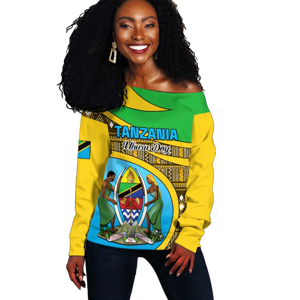 Personalized Tanzania Independence Day Off Shoulder Sweater with Tanzanian Coat of Arms and African Pattern LT01
