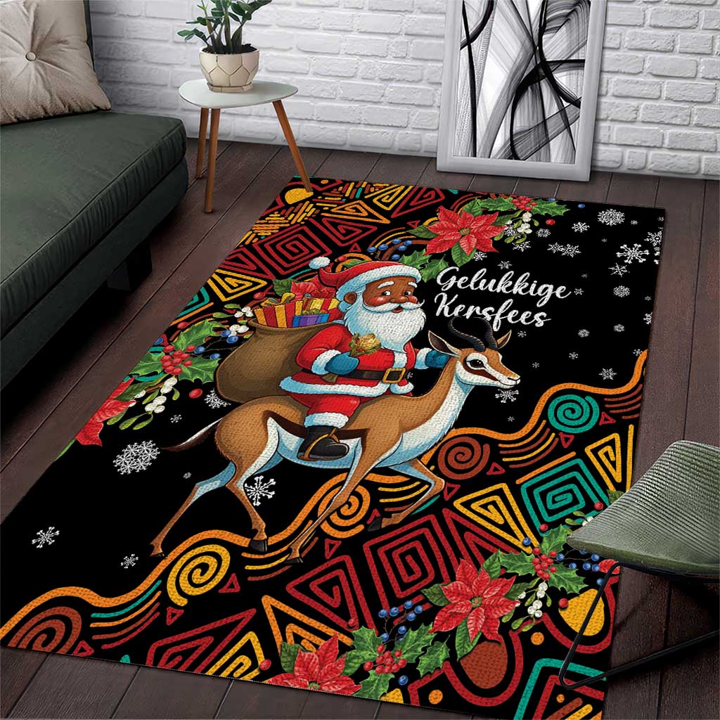 South Africa Gelukkige Kersfees Area Rug Black Santa Claus Riding Springbok LT01