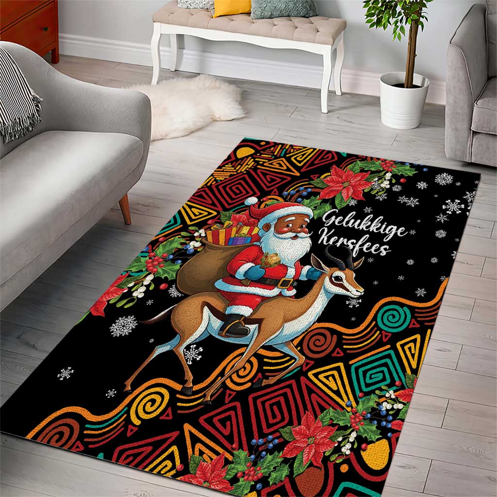 South Africa Gelukkige Kersfees Area Rug Black Santa Claus Riding Springbok LT01