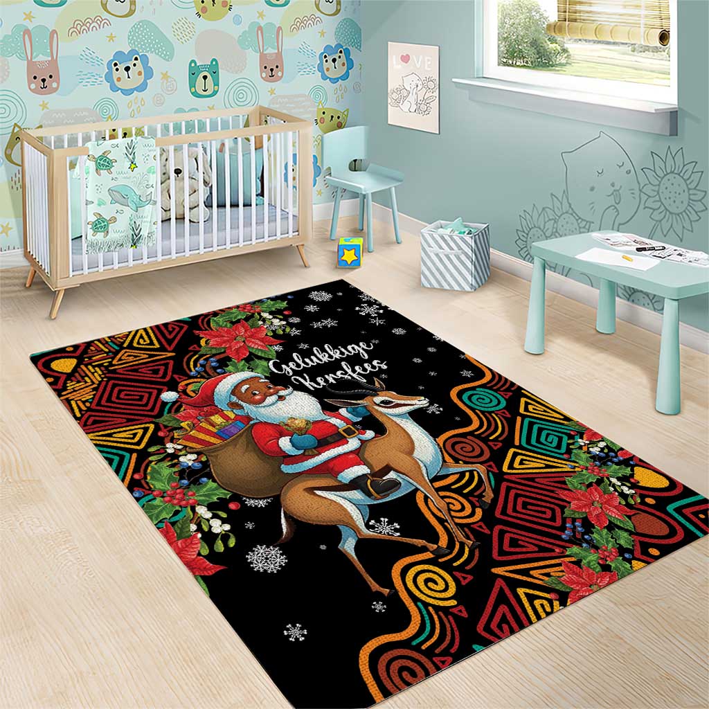 South Africa Gelukkige Kersfees Area Rug Black Santa Claus Riding Springbok LT01