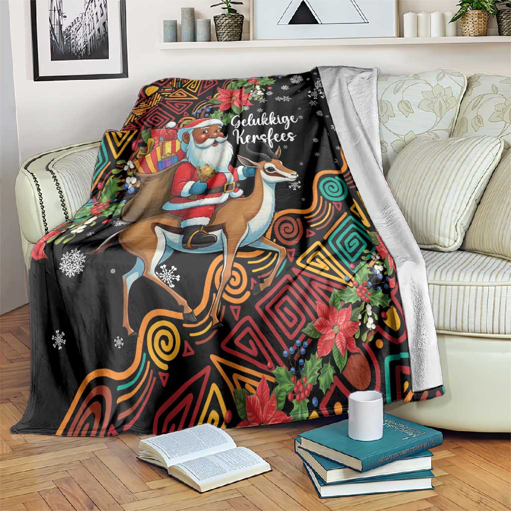 South Africa Gelukkige Kersfees Blanket Black Santa Claus Riding Springbok LT01