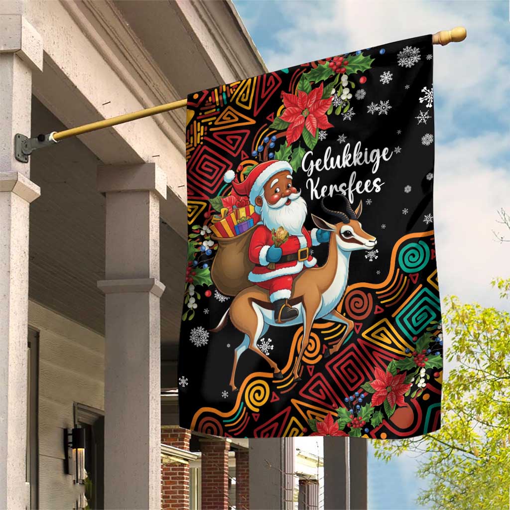 South Africa Gelukkige Kersfees Garden Flag Black Santa Claus Riding Springbok LT01