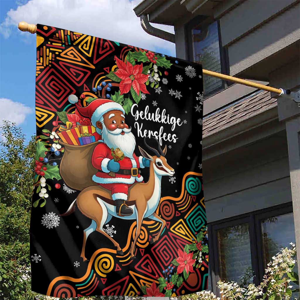 South Africa Gelukkige Kersfees Garden Flag Black Santa Claus Riding Springbok LT01