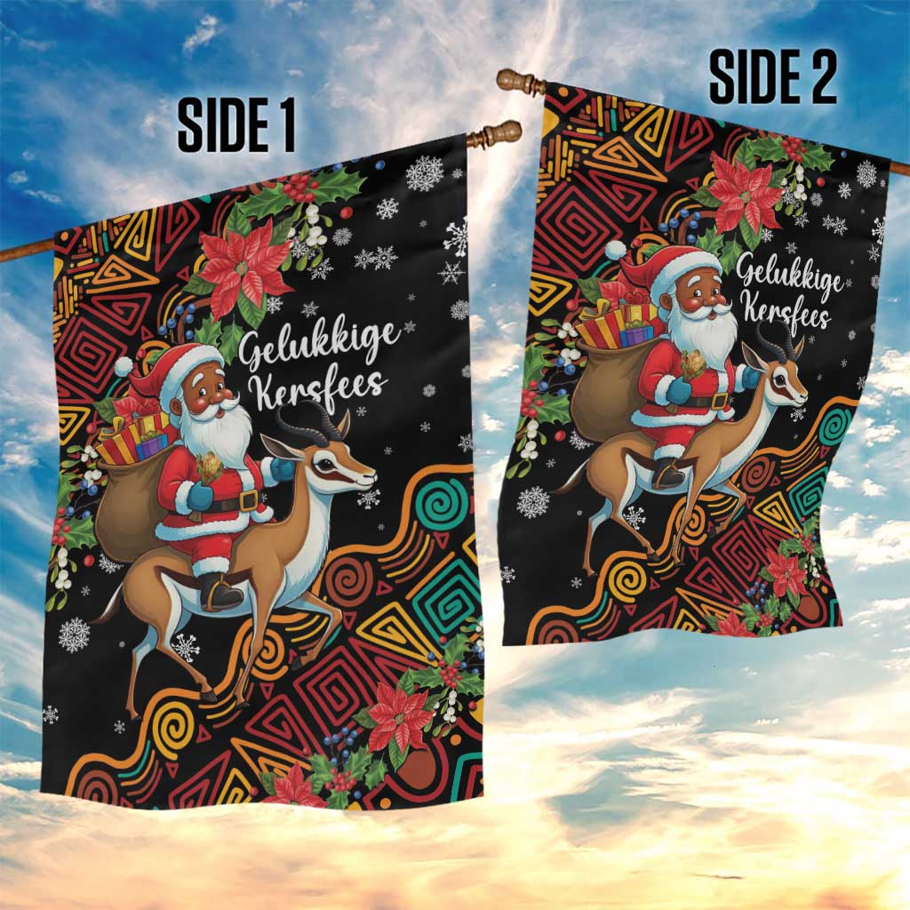 South Africa Gelukkige Kersfees Garden Flag Black Santa Claus Riding Springbok LT01