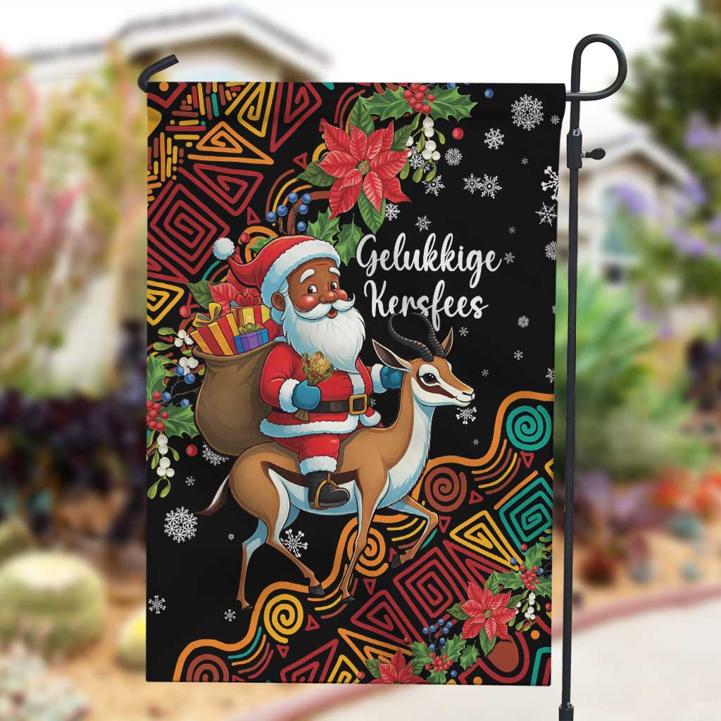 South Africa Gelukkige Kersfees Garden Flag Black Santa Claus Riding Springbok LT01