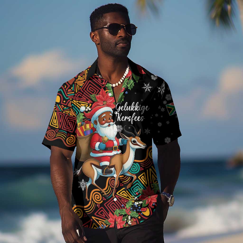 South Africa Gelukkige Kersfees Hawaiian Shirt Black Santa Claus Riding Springbok LT01