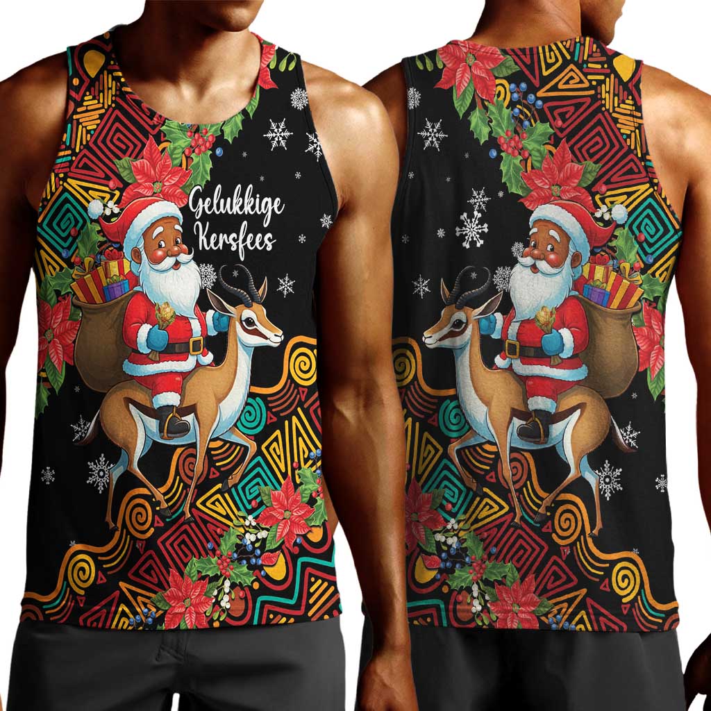 South Africa Gelukkige Kersfees Men Tank Top Black Santa Claus Riding Springbok LT01