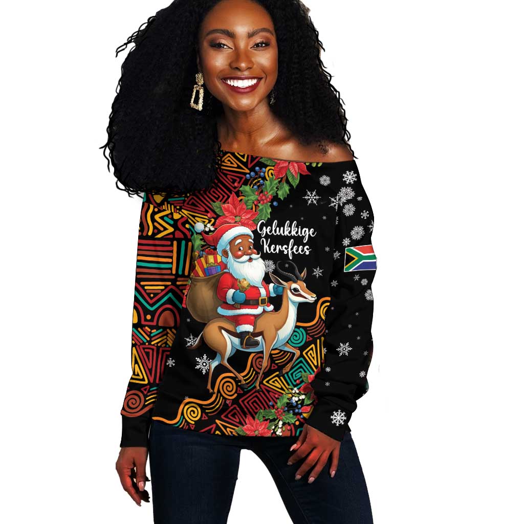 South Africa Gelukkige Kersfees Off Shoulder Sweater Black Santa Claus Riding Springbok LT01