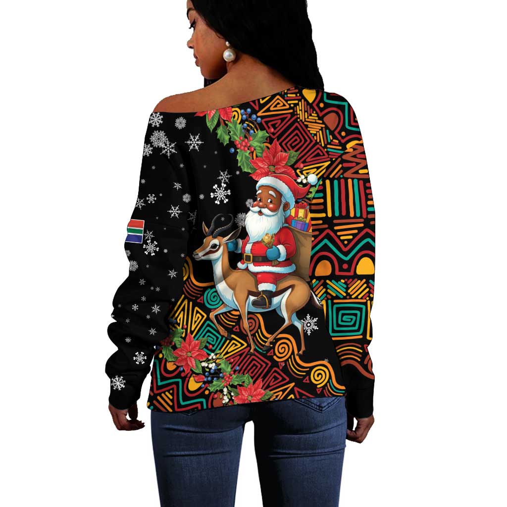 South Africa Gelukkige Kersfees Off Shoulder Sweater Black Santa Claus Riding Springbok LT01
