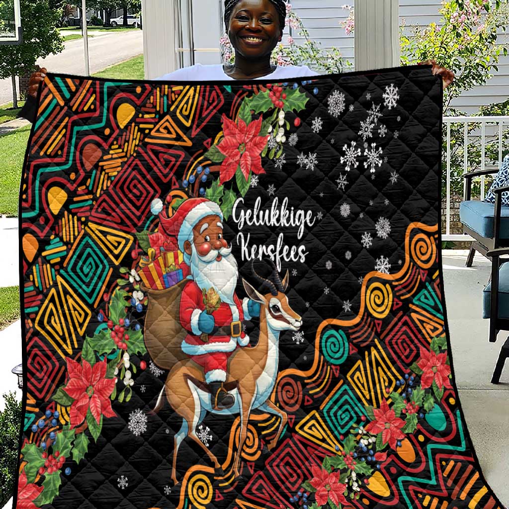 South Africa Gelukkige Kersfees Quilt Black Santa Claus Riding Springbok LT01