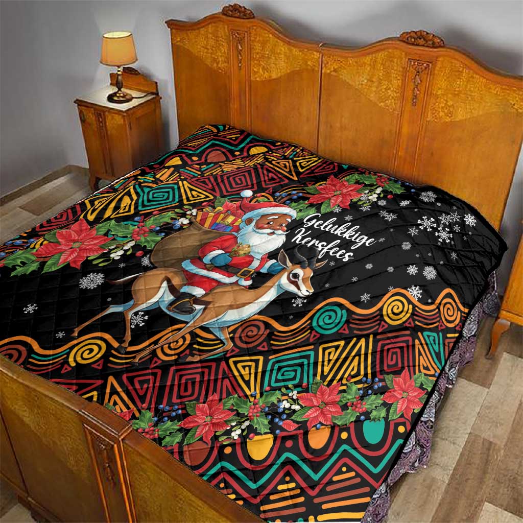 South Africa Gelukkige Kersfees Quilt Black Santa Claus Riding Springbok LT01
