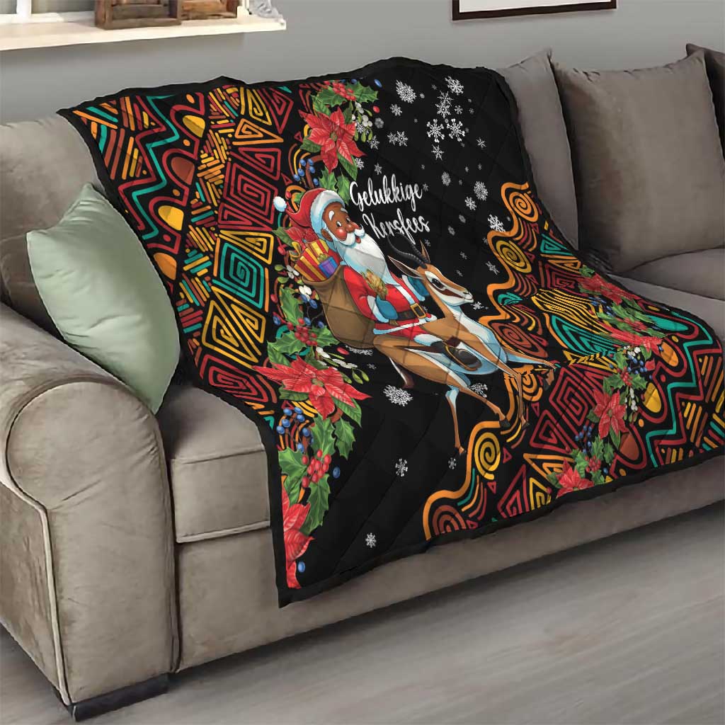 South Africa Gelukkige Kersfees Quilt Black Santa Claus Riding Springbok LT01