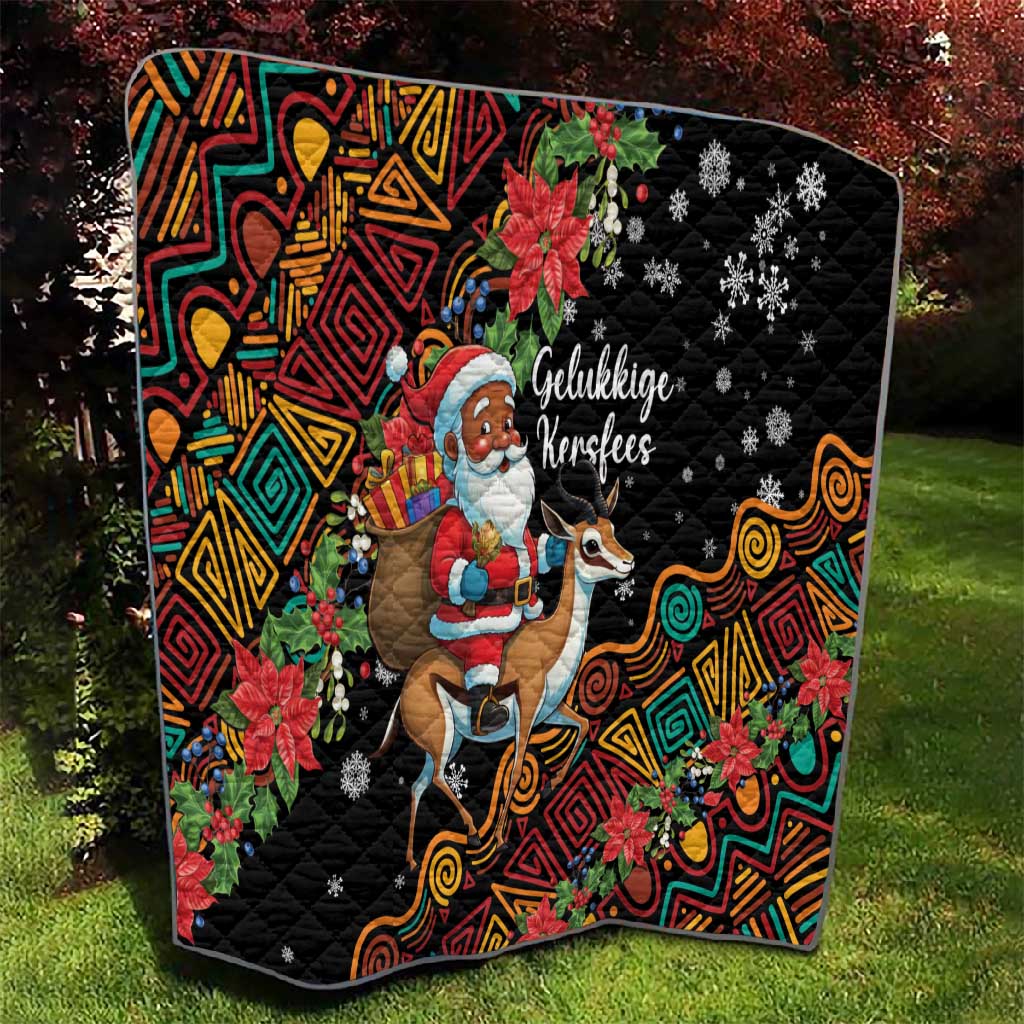 South Africa Gelukkige Kersfees Quilt Black Santa Claus Riding Springbok LT01