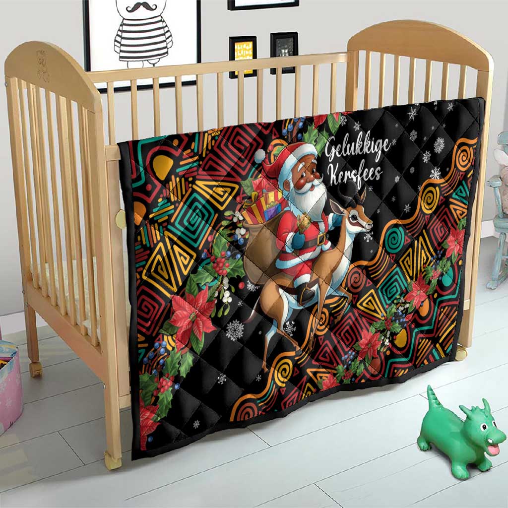 South Africa Gelukkige Kersfees Quilt Black Santa Claus Riding Springbok LT01