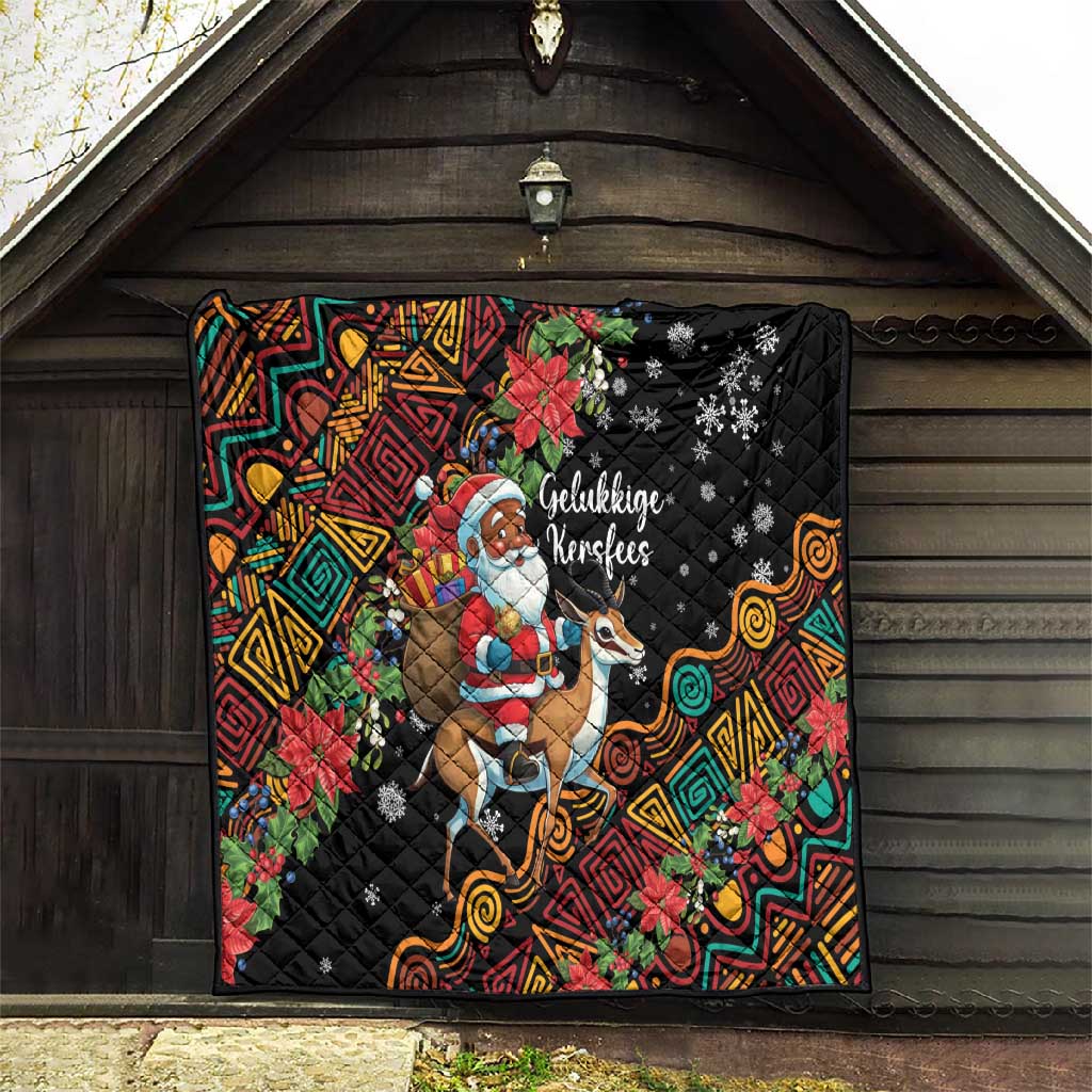 South Africa Gelukkige Kersfees Quilt Black Santa Claus Riding Springbok LT01