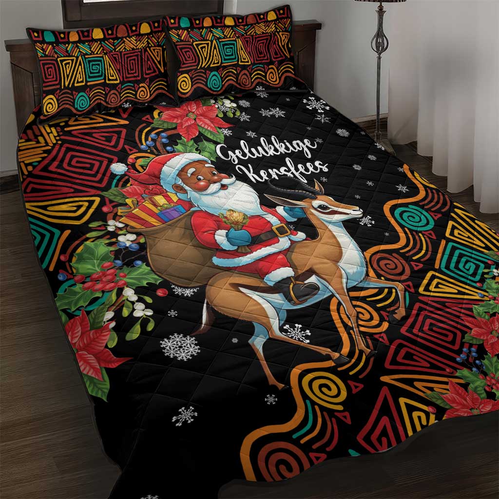South Africa Gelukkige Kersfees Quilt Bed Set Black Santa Claus Riding Springbok LT01