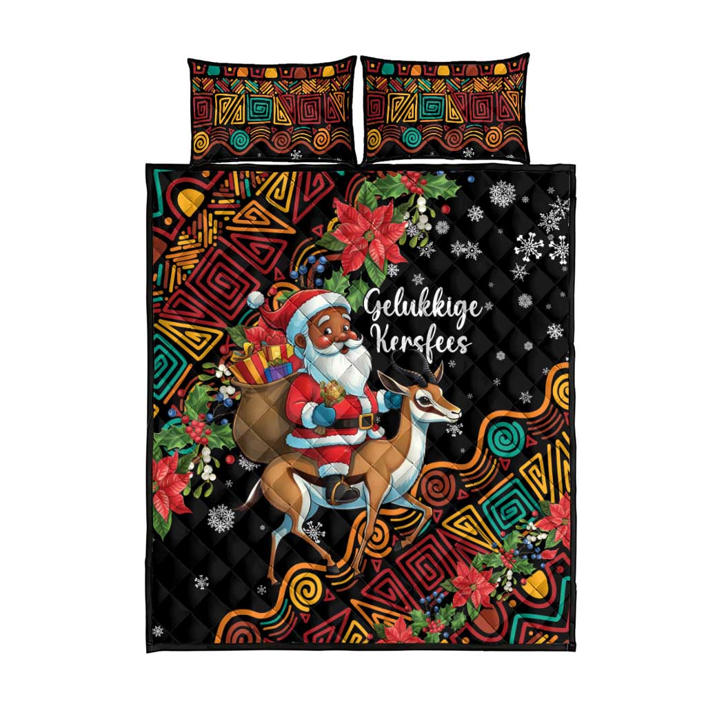 South Africa Gelukkige Kersfees Quilt Bed Set Black Santa Claus Riding Springbok LT01