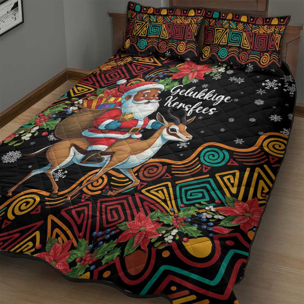 South Africa Gelukkige Kersfees Quilt Bed Set Black Santa Claus Riding Springbok LT01