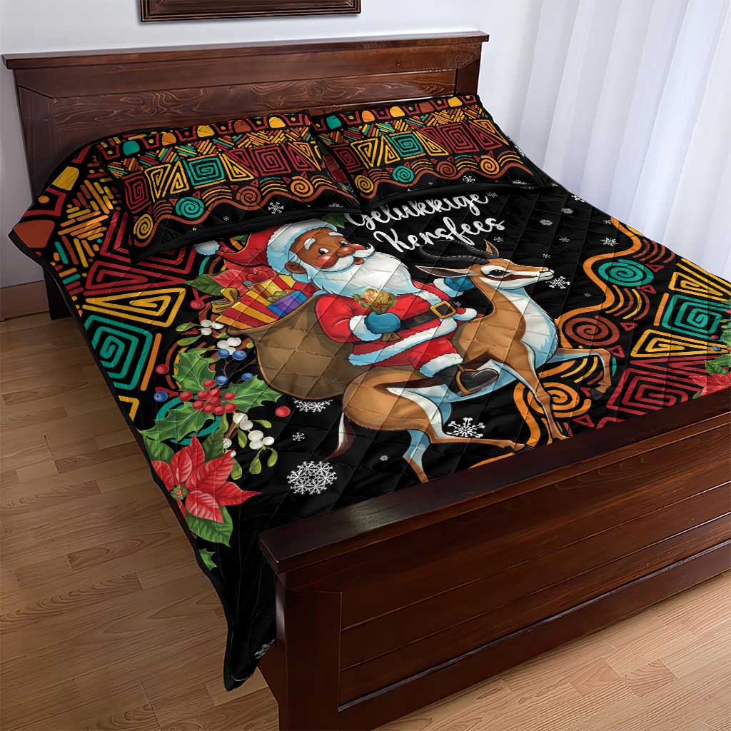 South Africa Gelukkige Kersfees Quilt Bed Set Black Santa Claus Riding Springbok LT01