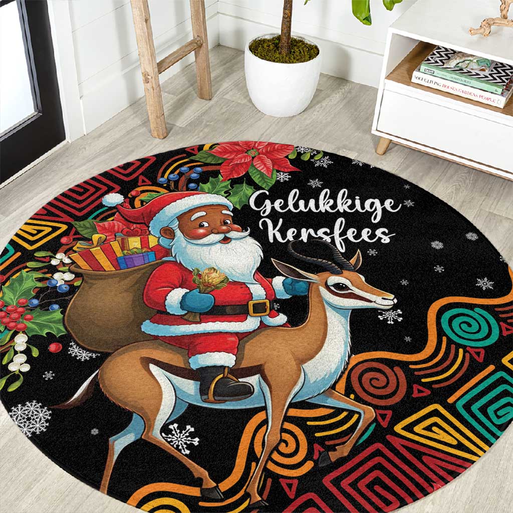 South Africa Gelukkige Kersfees Round Carpet Black Santa Claus Riding Springbok LT01