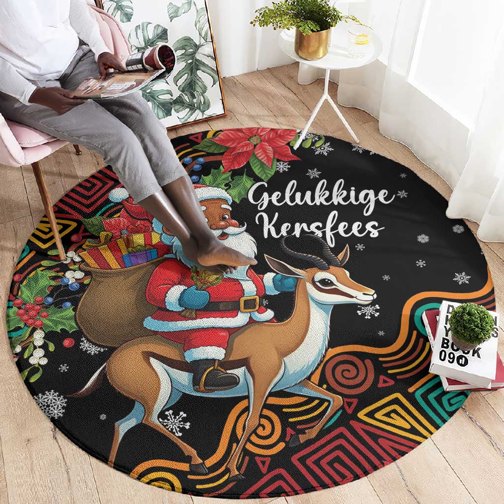 South Africa Gelukkige Kersfees Round Carpet Black Santa Claus Riding Springbok LT01