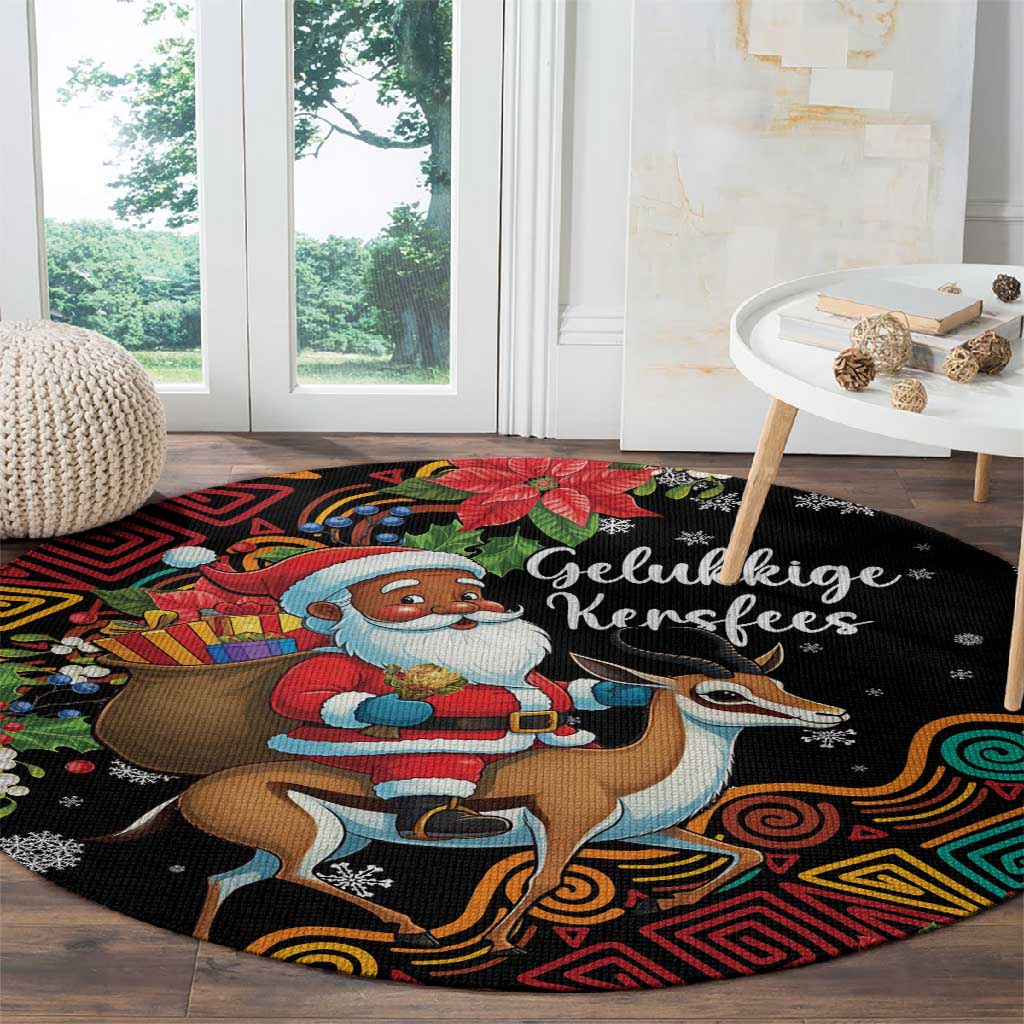 South Africa Gelukkige Kersfees Round Carpet Black Santa Claus Riding Springbok LT01