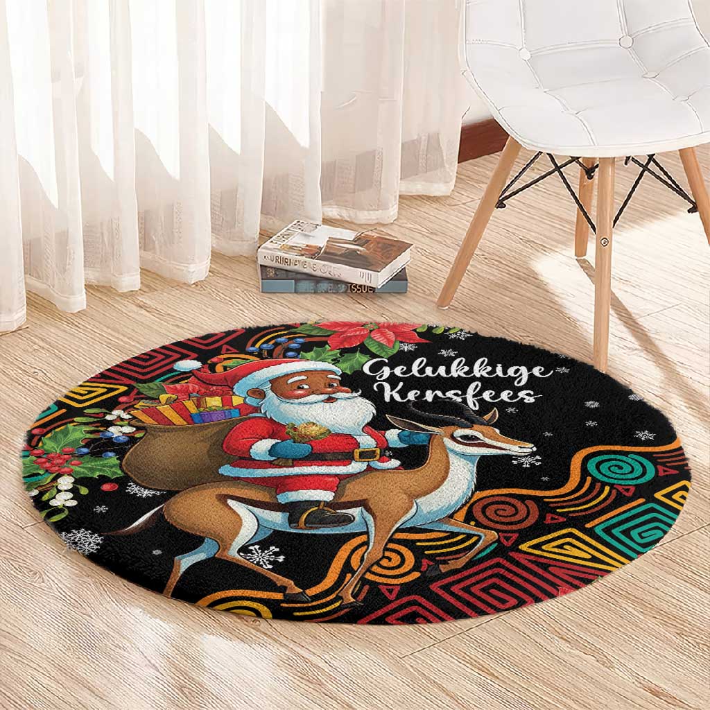 South Africa Gelukkige Kersfees Round Carpet Black Santa Claus Riding Springbok LT01