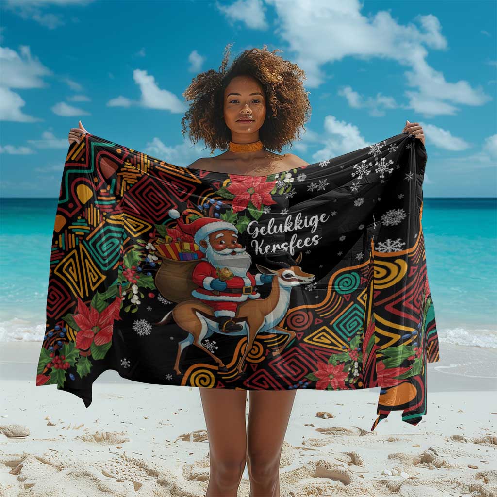South Africa Gelukkige Kersfees Sarong Black Santa Claus Riding Springbok LT01