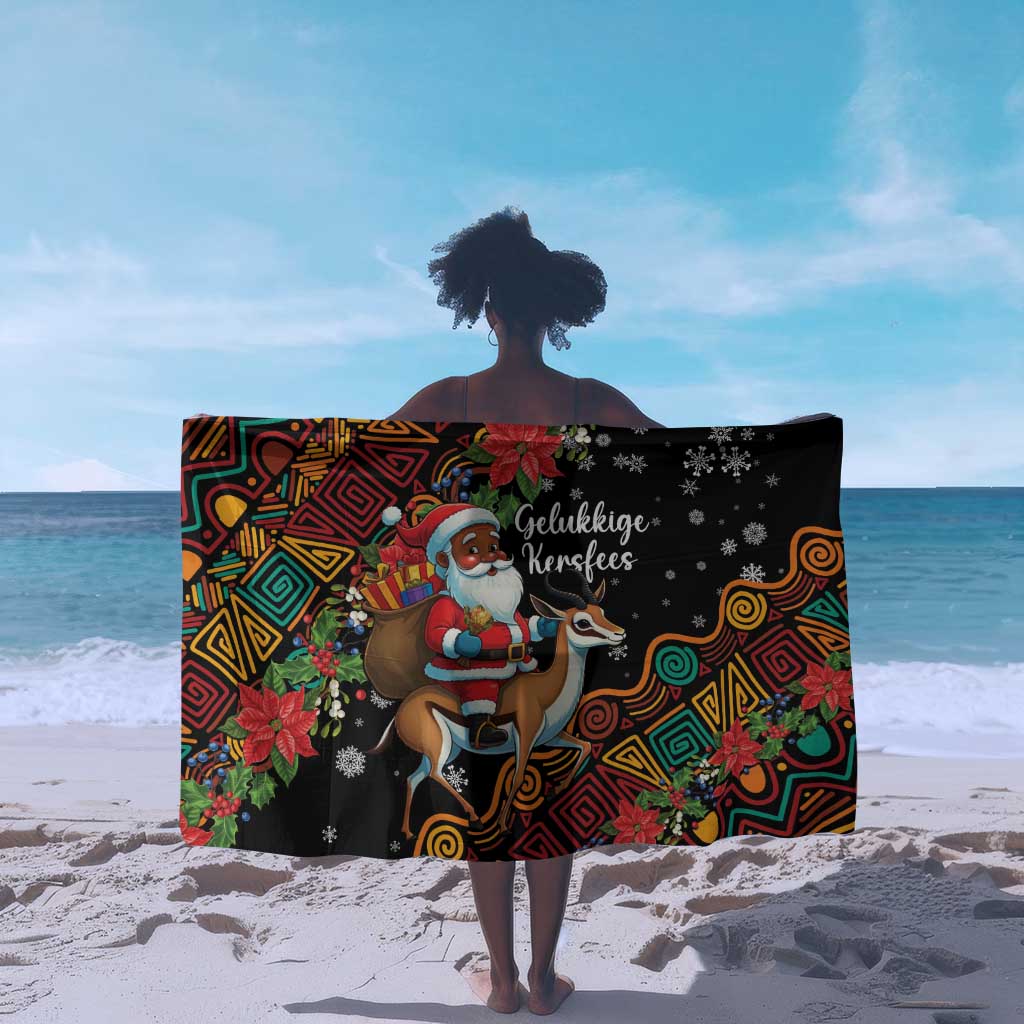 South Africa Gelukkige Kersfees Sarong Black Santa Claus Riding Springbok LT01