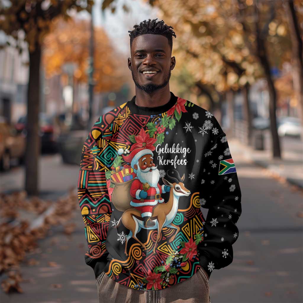 South Africa Gelukkige Kersfees Sweatshirt Black Santa Claus Riding Springbok LT01