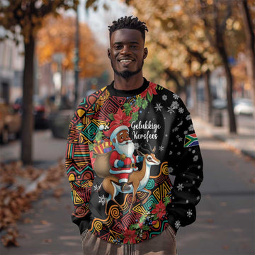 South Africa Gelukkige Kersfees Sweatshirt Black Santa Claus Riding Springbok LT01