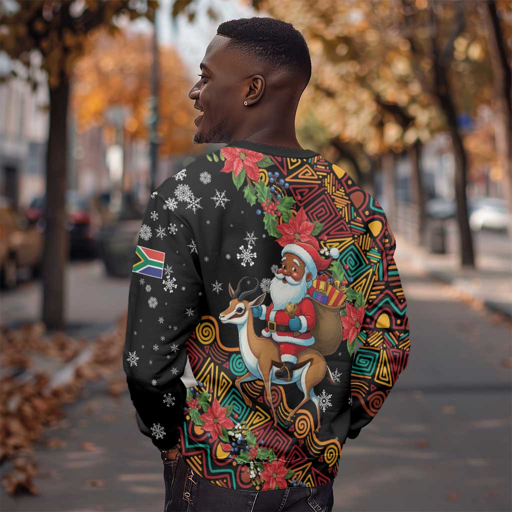 South Africa Gelukkige Kersfees Sweatshirt Black Santa Claus Riding Springbok LT01