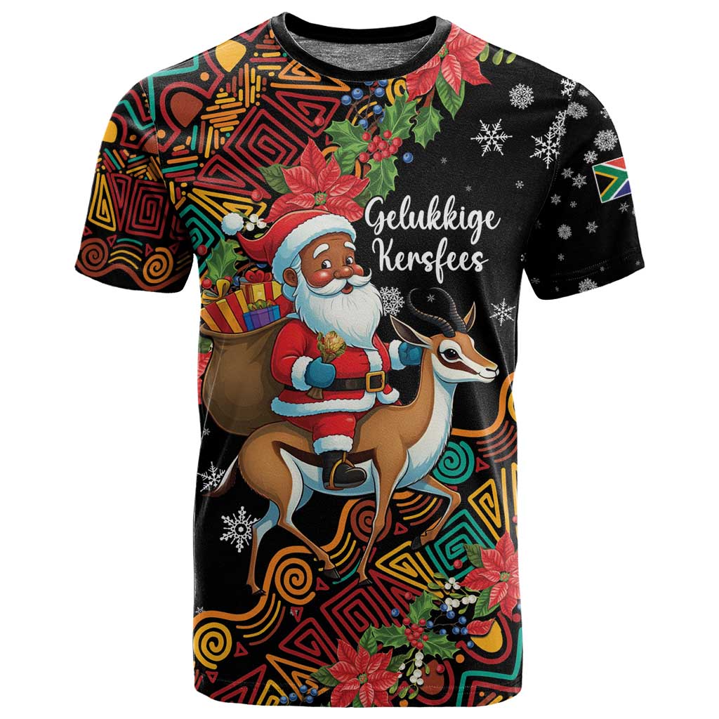 South Africa Gelukkige Kersfees T shirt Black Santa Claus Riding Springbok LT01