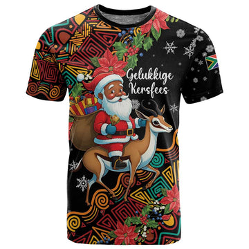 South Africa Gelukkige Kersfees T shirt Black Santa Claus Riding Springbok LT01