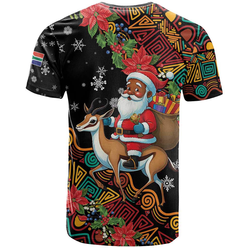 South Africa Gelukkige Kersfees T shirt Black Santa Claus Riding Springbok LT01