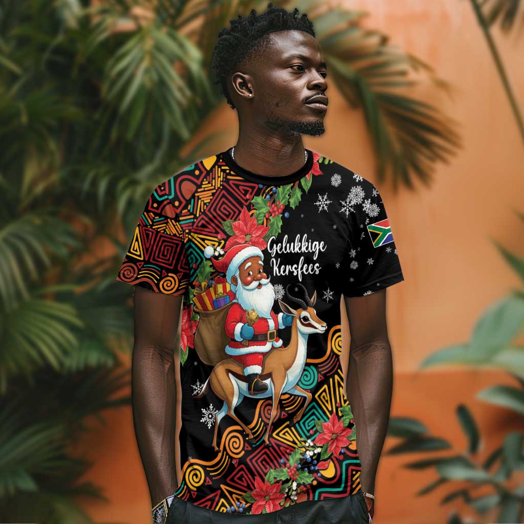 South Africa Gelukkige Kersfees T shirt Black Santa Claus Riding Springbok LT01